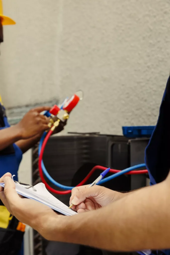 Two HVAC technicians in Aurora performing a refrigerant pressure test and maintenance log update on a residential AC unit.