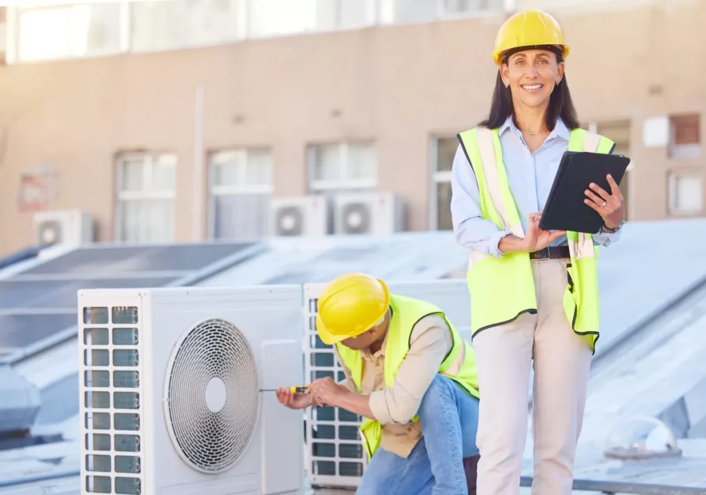 A professional HVAC team in safety vests performing maintenance on a rooftop unit next to solar panels in Aurora, IL.