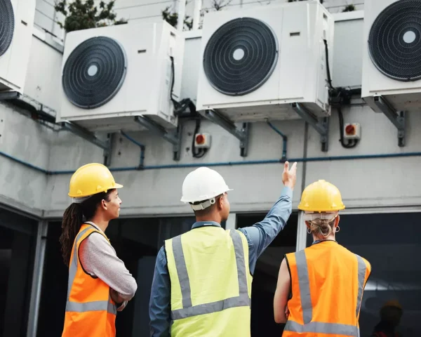 A team of three HVAC specialists in safety vests and hard hats conducting a group inspection of large-scale commercial AC units in Aurora.