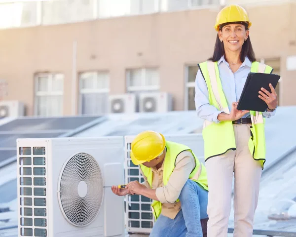 A professional HVAC team in safety vests performing maintenance on a rooftop unit next to solar panels in Aurora, Colorado.